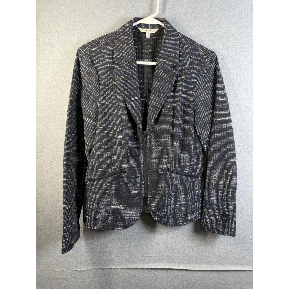 CAbi Jacket Womens 10 Black Blue Striped Tweed Full Zip Blazer Pockets Office